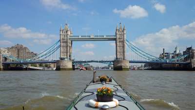 James & Hazel on the Tidal Thames approaching Tower Bridge in Gabriel.